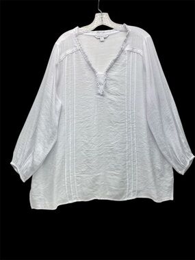 Counterparts White 2X Pintuck Top Pintucked Bodice Ruffle Neckline Feminine Flow